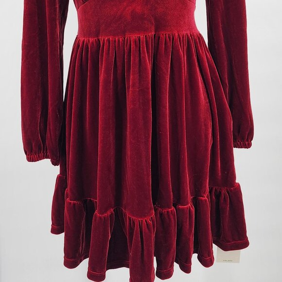 HALARA Deep V Neck Ruffled Hem Velvet Cranberry Red Mini Party Dress XS NWT - Picture 4 of 11
